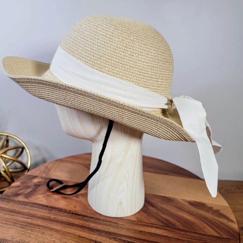 NEW Furtalk Sun Hat Women's Size M / L Woven White Ribbon Upf 80+ Protection